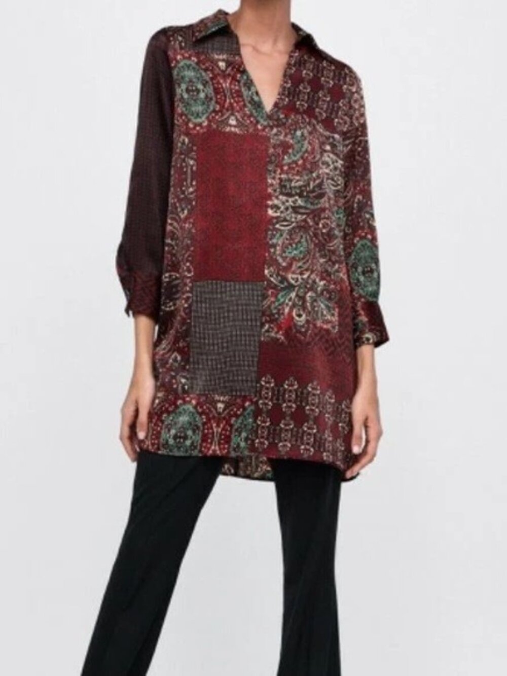 ZARA Red Long Sleeve Paisley Patchwork Print Collared Satin Shirt Dress Sz XS